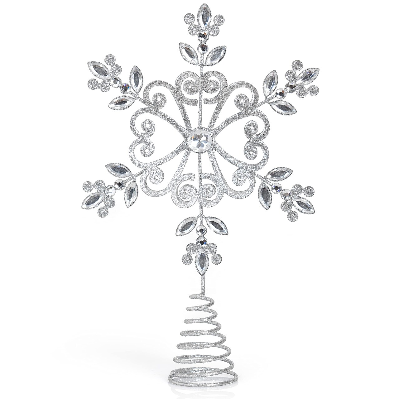 Ornativity Flower Snowflake Tree Topper – Silver Glitter Intricate Designed Floral Snowflake Shaped Ornament with Sparkling Gem Detailed Christmas Star Tree Top Decorations